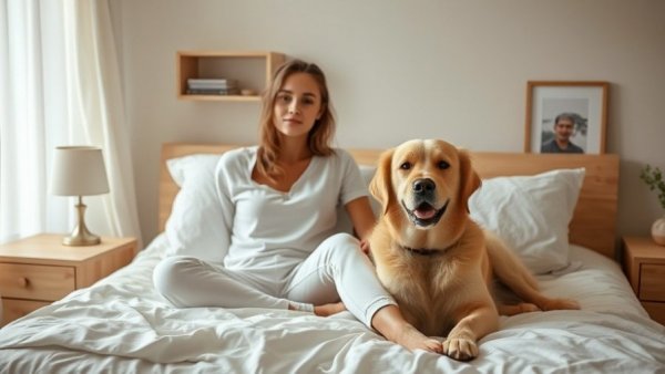 Young woman and dog relaxing in a cozy bedroom, representing relaxation.