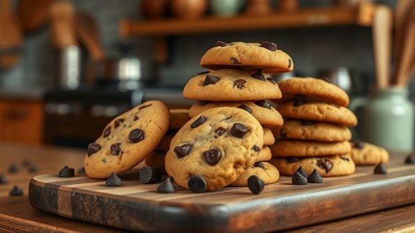 Golden brown einkorn chocolate chip cookies stacked on a wooden board.