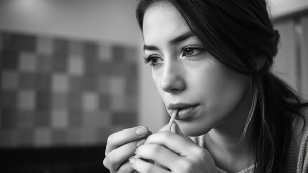 Letting Go of Hurt: Monochrome image of a woman eating, serene and thoughtful.