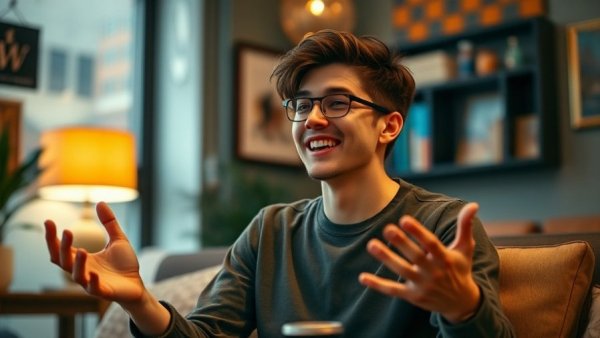 Enthusiastic young adult discussing cleansing foods indoors.