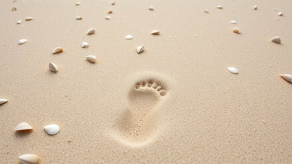 Seashell-strewn beach with footprint for eco-friendly travel.