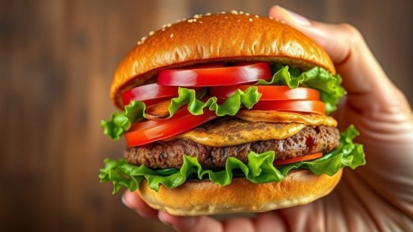 Delicious veggie burger with protein and fiber, fresh toppings, held in hand.