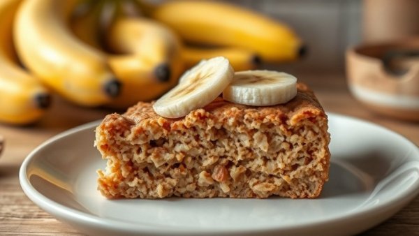 Peanut butter baked oatmeal slice with banana slices on a plate.