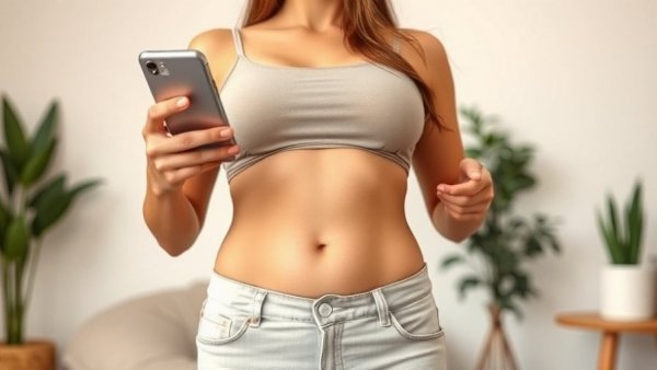 Young woman proudly shows flat belly indoors.