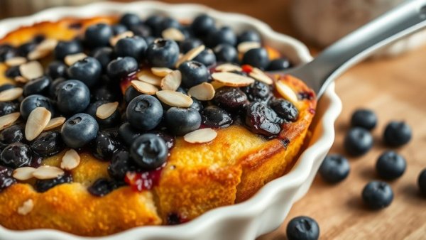 Low-effort blueberry spoon cake topped with almonds