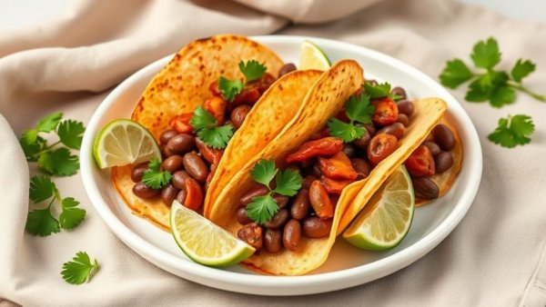 Crispy baked black bean tacos with garnishes in a photorealistic image.