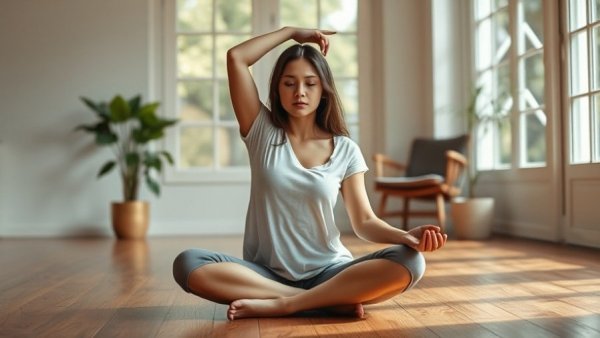Serene yoga pose for when you are overstimulated in a calming home setting.