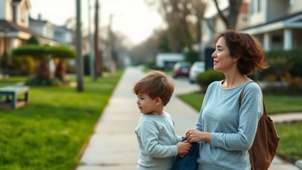 Woman and child outside in a neighborhood, reflecting on gym culture.