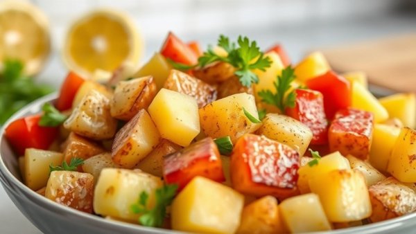 Roasted Potato Salad Without Mayo being prepared in a bowl.