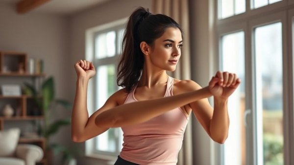 Confident woman demonstrating posture techniques at home, 3D Posture Bootcamp.