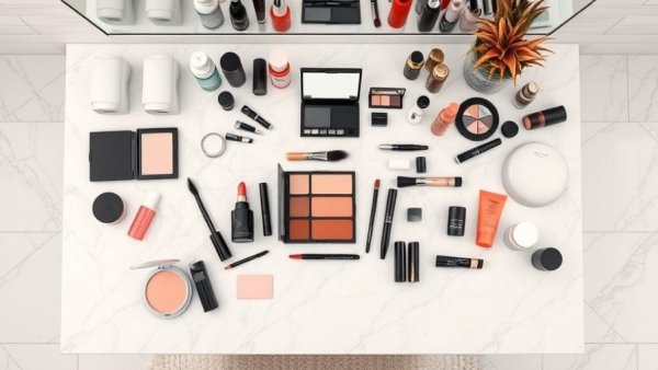 Makeup products neatly arranged on a bathroom vanity showcasing a 5-minute makeup routine.