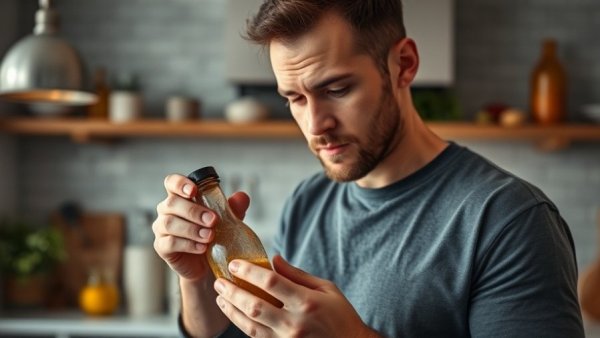 Man holding Japanese style ginger dressing in a modern kitchen.