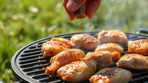 Grilled chicken being seasoned outdoors, close-up view.