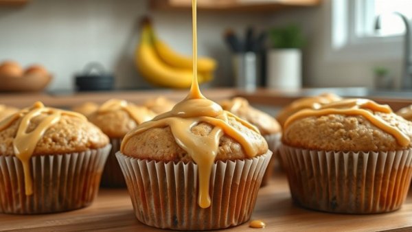 Delicious Healthy Peanut Butter Muffins drizzled with creamy peanut butter.