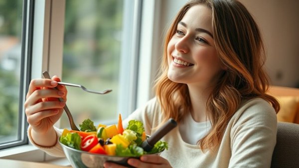 Young woman enjoying salad highlighting health benefits of fiber for women.