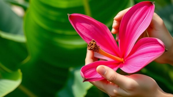 Examining a banana flower to explore benefits of minimalism in nature.