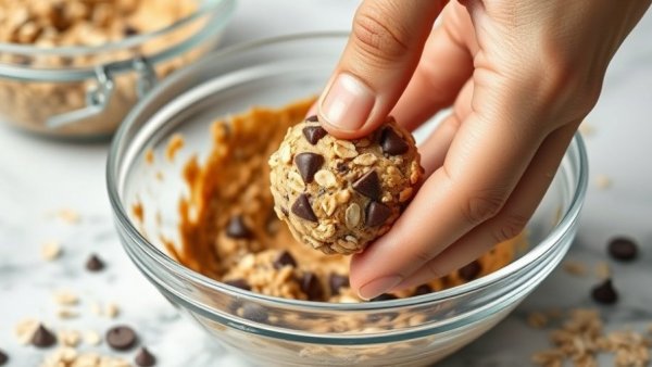 Close-up of a hand making no-bake peanut butter energy balls.