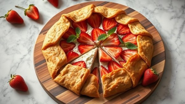 Rustic strawberry cream cheese galette on marble surface.
