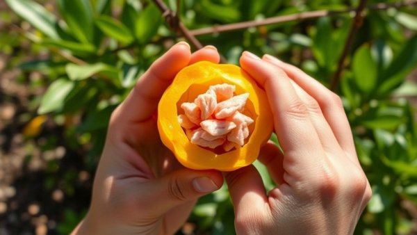 Hands opening a yellow exotic fruit with pink interior, showcasing exotic fruits health benefits.
