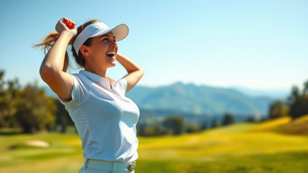 Happy female golfer celebrating on the course for golf wellness tips.
