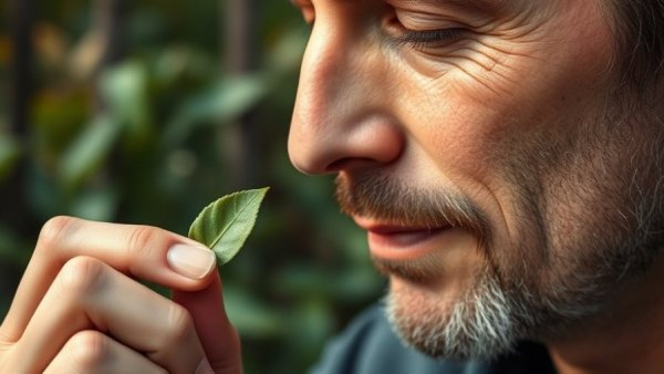 Man enjoying Bay Rum fragrance benefits with natural bay leaf in garden.