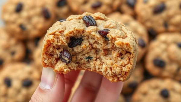 Close-up of a healthy breakfast cookie showing texture and raisins.