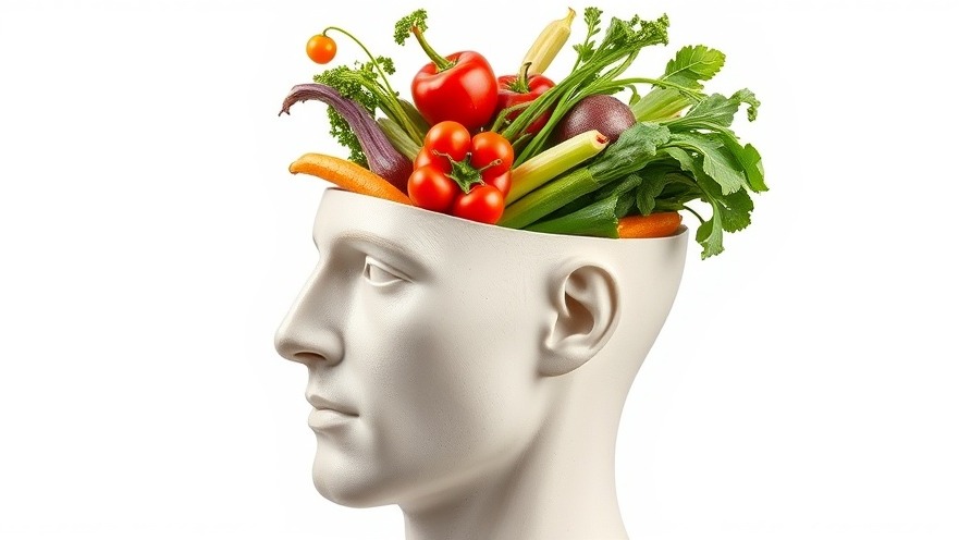 Bust of a male head with vegetables pouring into the open top, symbolizing nutrition.