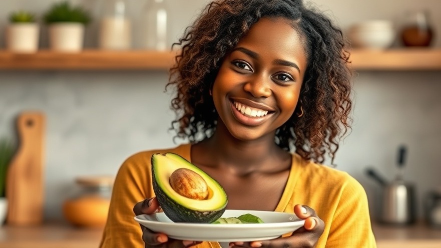 Young Black woman smiling with an avocado, embodying self-care tips for holistic wellness.