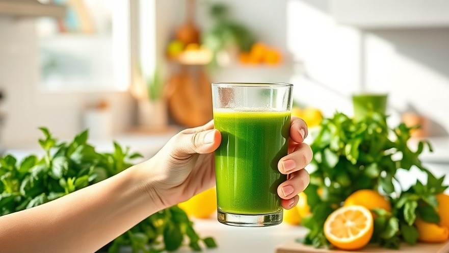 Vibrant green detox juice for liver health, surrounded by fresh herbs and citrus.
