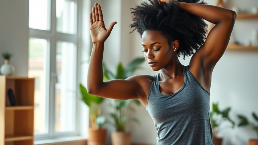 Young Black woman practicing mindful movement in a peaceful indoor space.