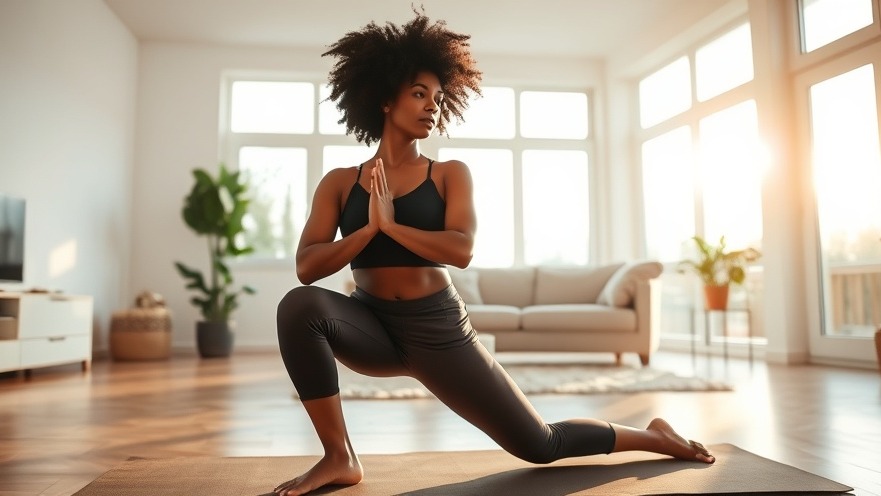 Focused Black woman practicing tennis yoga in a lunge pose, enhancing flexibility and core strength.
