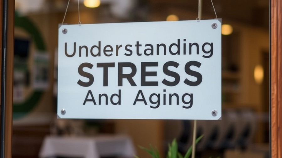 Sign in the window reading 'Understanding Stress and Aging' highlighting chronic stress aging.