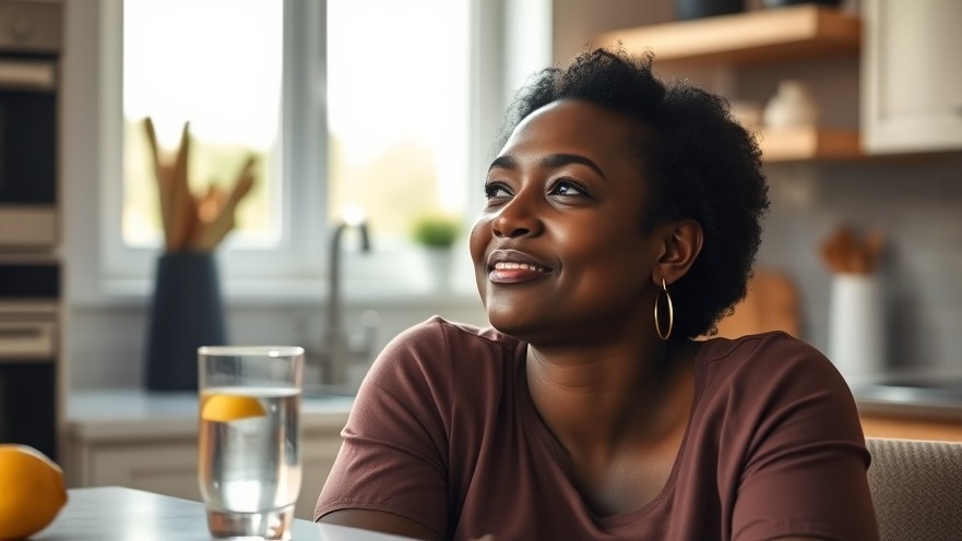 Serene Black woman practicing self-care for women over 50 in a calming kitchen.