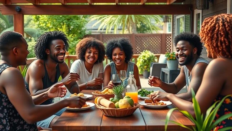 Joyful Black friends enjoying healthy BBQ recipes in a lush summer garden.