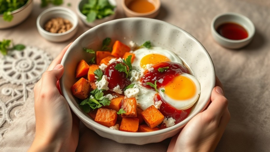 Aesthetic healthy breakfast bowl featuring sweet potatoes and jammy eggs, perfect for winter breakfast ideas.