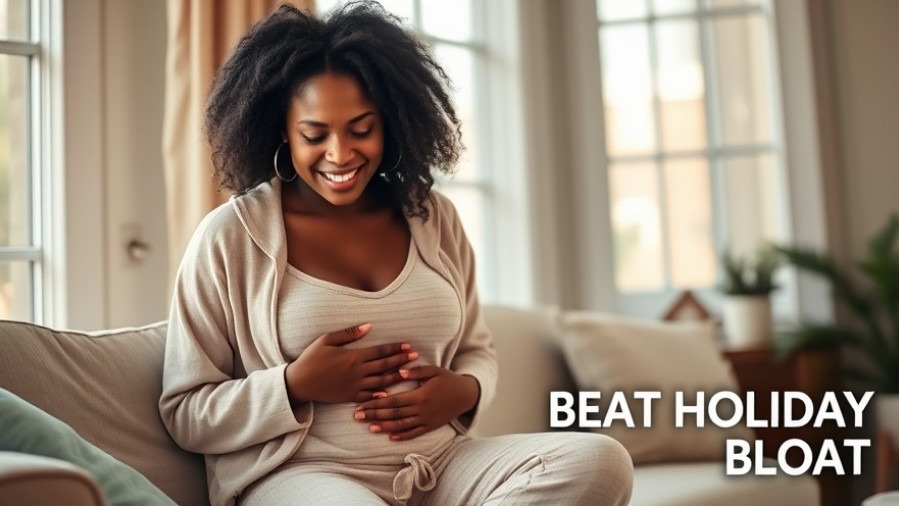 Black woman in loungewear relieved from holiday bloat, promoting natural remedies for bloating.