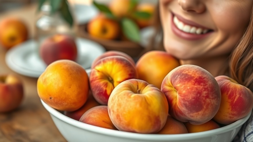 Close-up of ripe peaches promoting beauty transformation and healthy eating.
