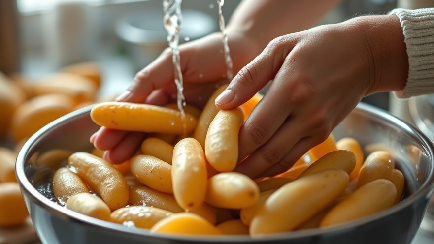 Close-up of hands washing fingerling potatoes in a bright kitchen for healthy eating.