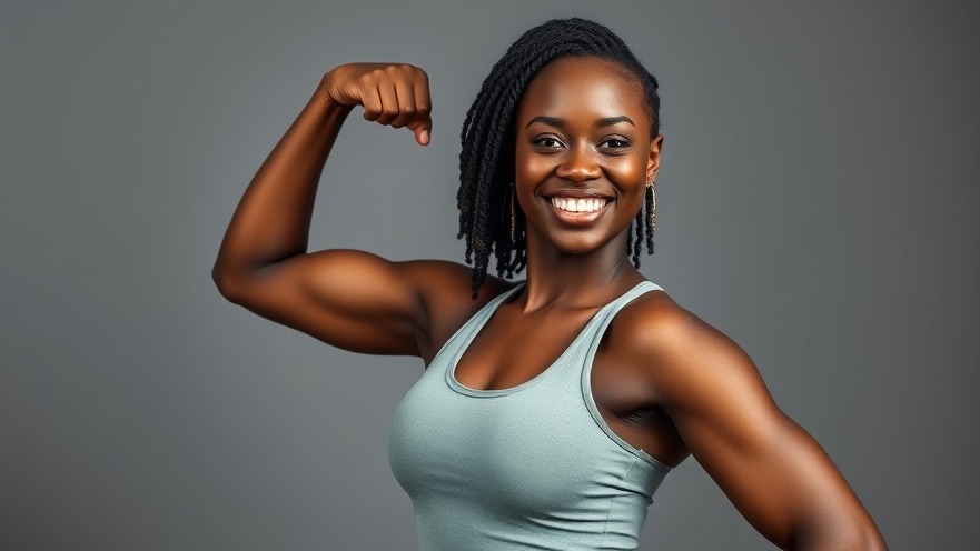 Fit Black woman flexing bicep, showcasing upper body strength for quick workout.