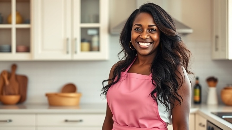 Smiling 40-year-old Black woman in a kitchen, promoting nutrition for weight loss.