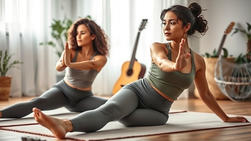 Two women embracing an active lifestyle with serene floor stretching at home.