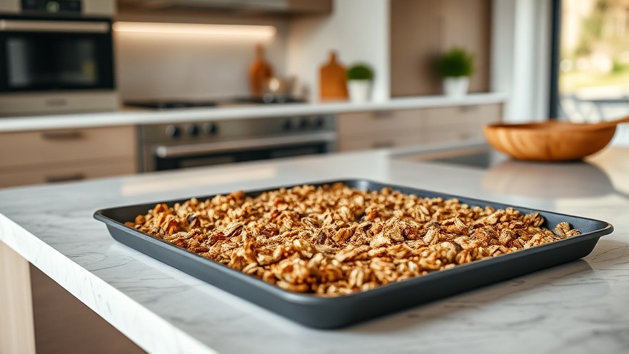Close-up of homemade healthy granola in a sleek kitchen, perfect for easy granola recipe.