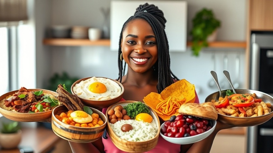 Smiling Black woman holding vibrant plant-based breakfast dishes, showcasing nutritious tofu scramble.