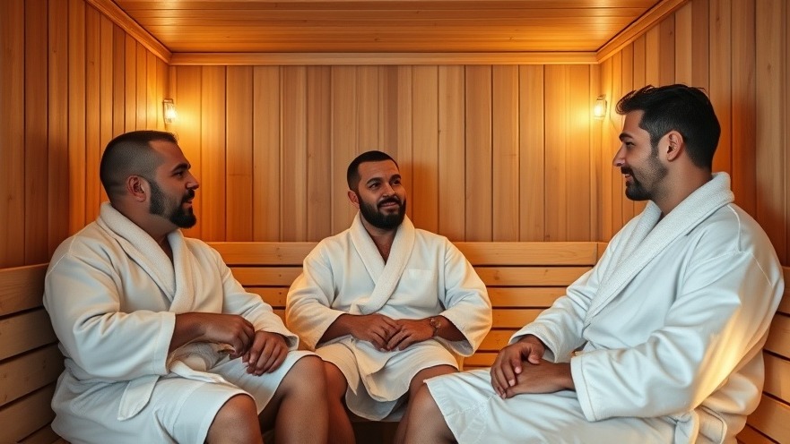 Men’s wellness retreats: three men in white robes enjoying a sauna conversation.