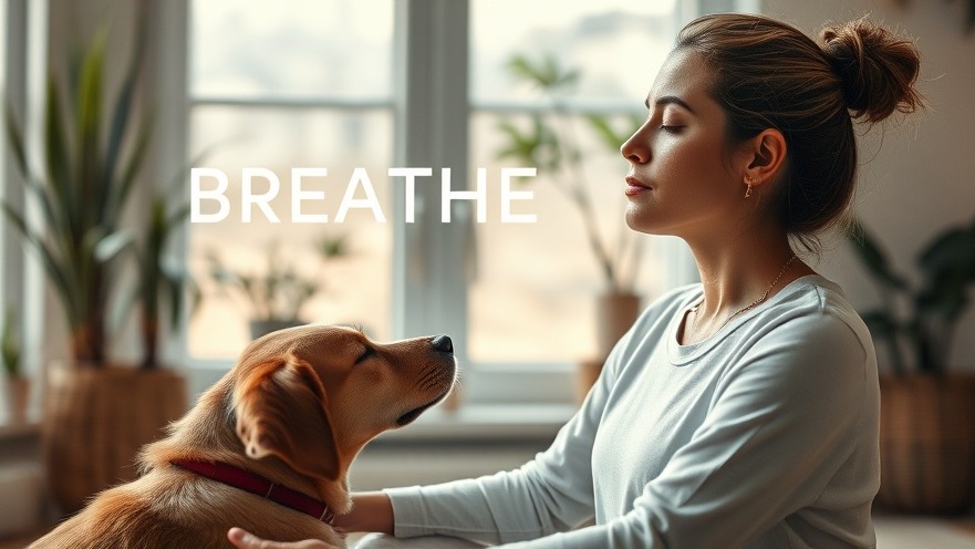 Calm woman practicing breathwork benefits indoors with a serene expression and dog.