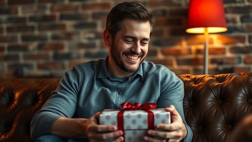 Casual man opening a gift in a cozy living room, showcasing unique gift ideas.