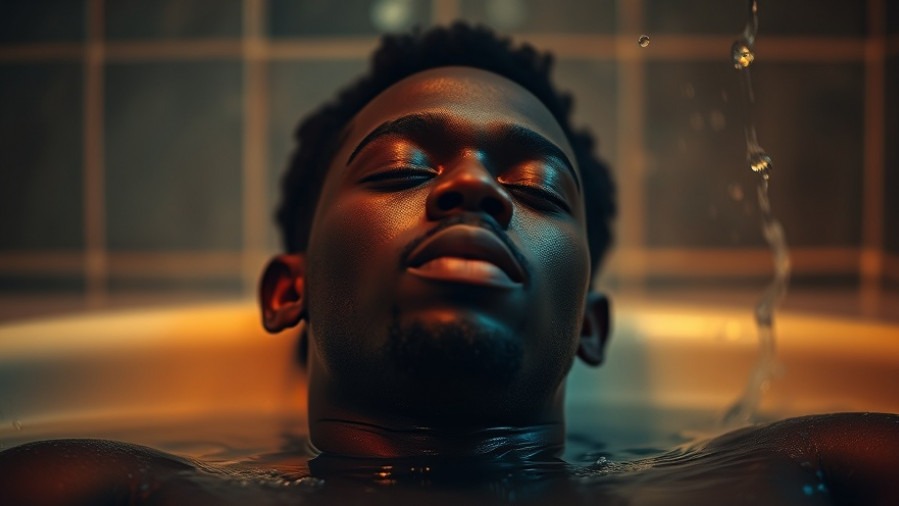 Contemplative young Black man on his healing journey, relaxing under warm water.