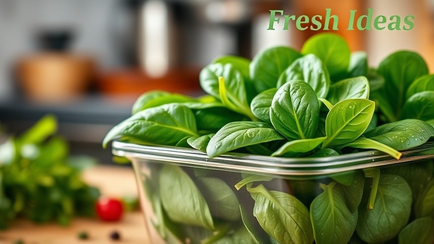 Fresh spinach in a clear container, showcasing vibrant leaves and kitchen herbs.