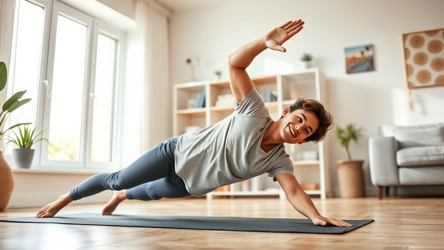 Person in a side plank yoga pose, promoting spinal health yoga in a bright, playful setting.