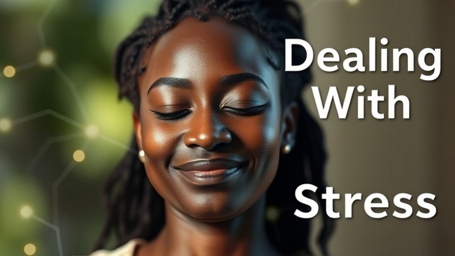 Calm Black woman practicing stress management, surrounded by glowing pathways.